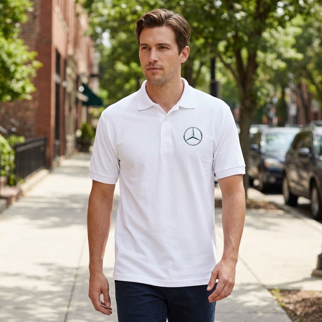 Male model wearing the Mercedes-Benz polo in outdoor urban setting showing relaxed fit and structured collar in natural sunlight.