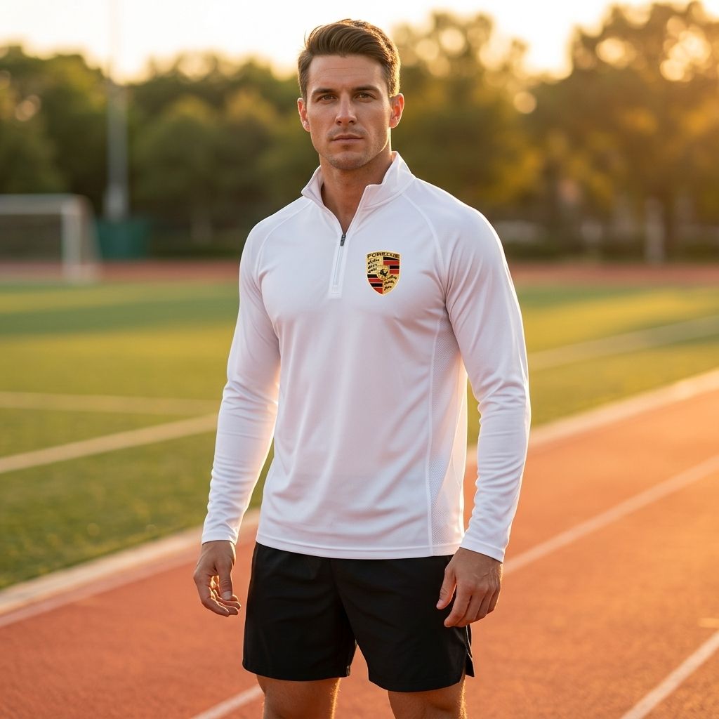Male model wearing men's athletic quarter-zip shirt outdoors on a track during golden hour emphasizing fabric's quick-dry and breathable features.