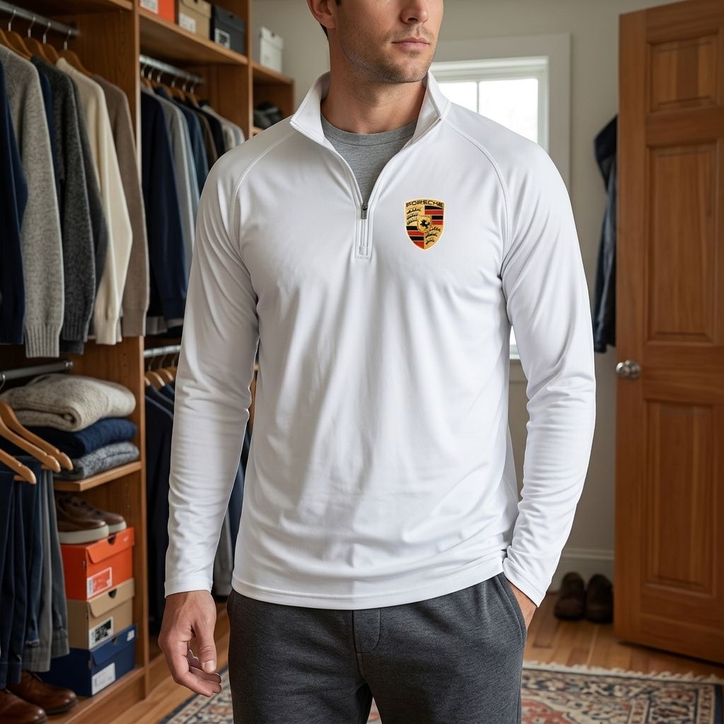 Casual styling of men's athletic shirt in a home closet showing fabric's smoothness and modern fit over a T-shirt, natural lighting.