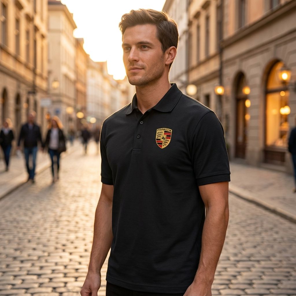 Male model in black Porsche Car Dry Blend Polo standing outdoors during golden hour, emphasizing fabric sheen and structured fit with city background.