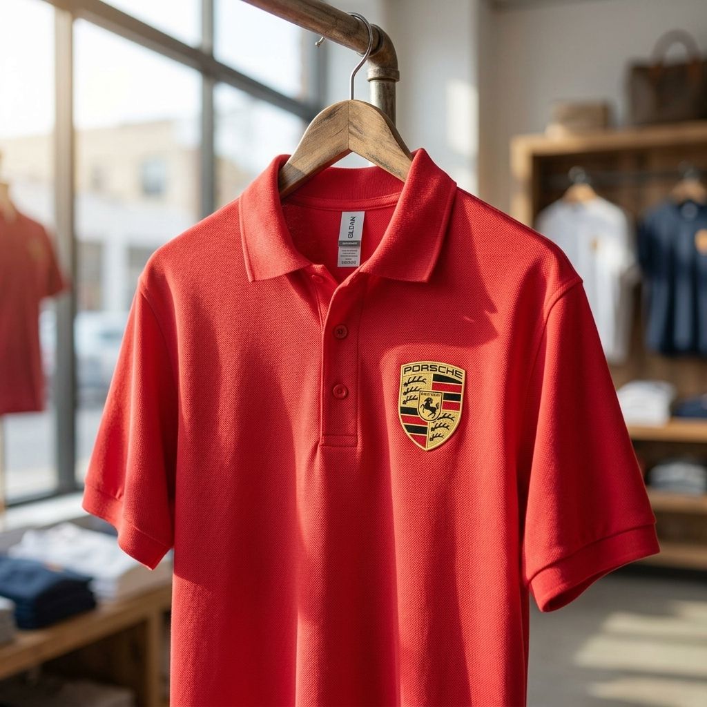 Close-up of men's Porsche Car Dry Blend Polo hanging on a wooden hanger, highlighting knit texture and collar details in a bright retail setting.