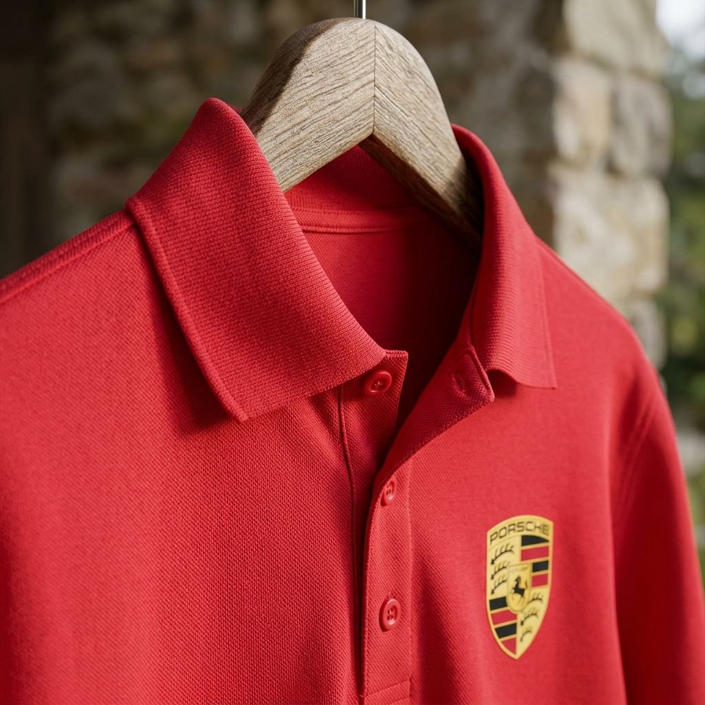 Close-up of men's Porsche Car Dry Blend Polo highlighting fine knit texture, moisture-wicking fabric, collar, and buttons against a rustic outdoor setting.