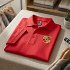 Polo displayed flat on textured fabric background inside boutique dressing room, with detailed focus on knit, collar, and buttons.