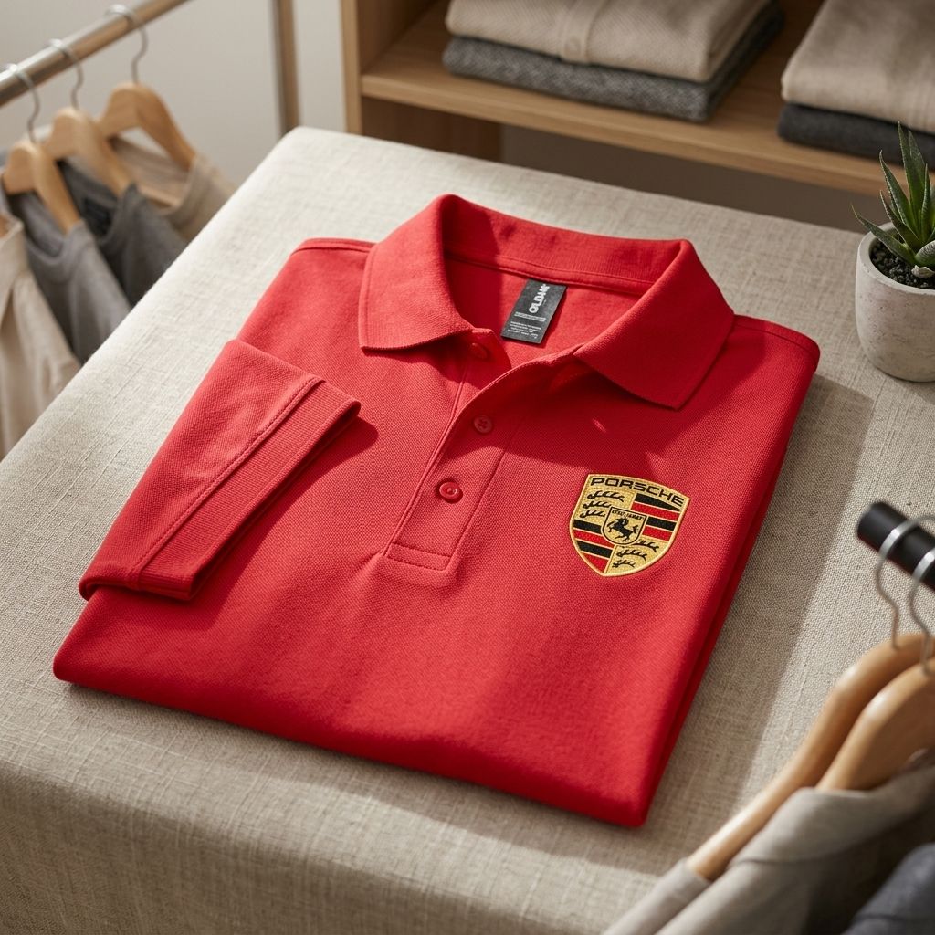 Polo displayed flat on textured fabric background inside boutique dressing room, with detailed focus on knit, collar, and buttons.