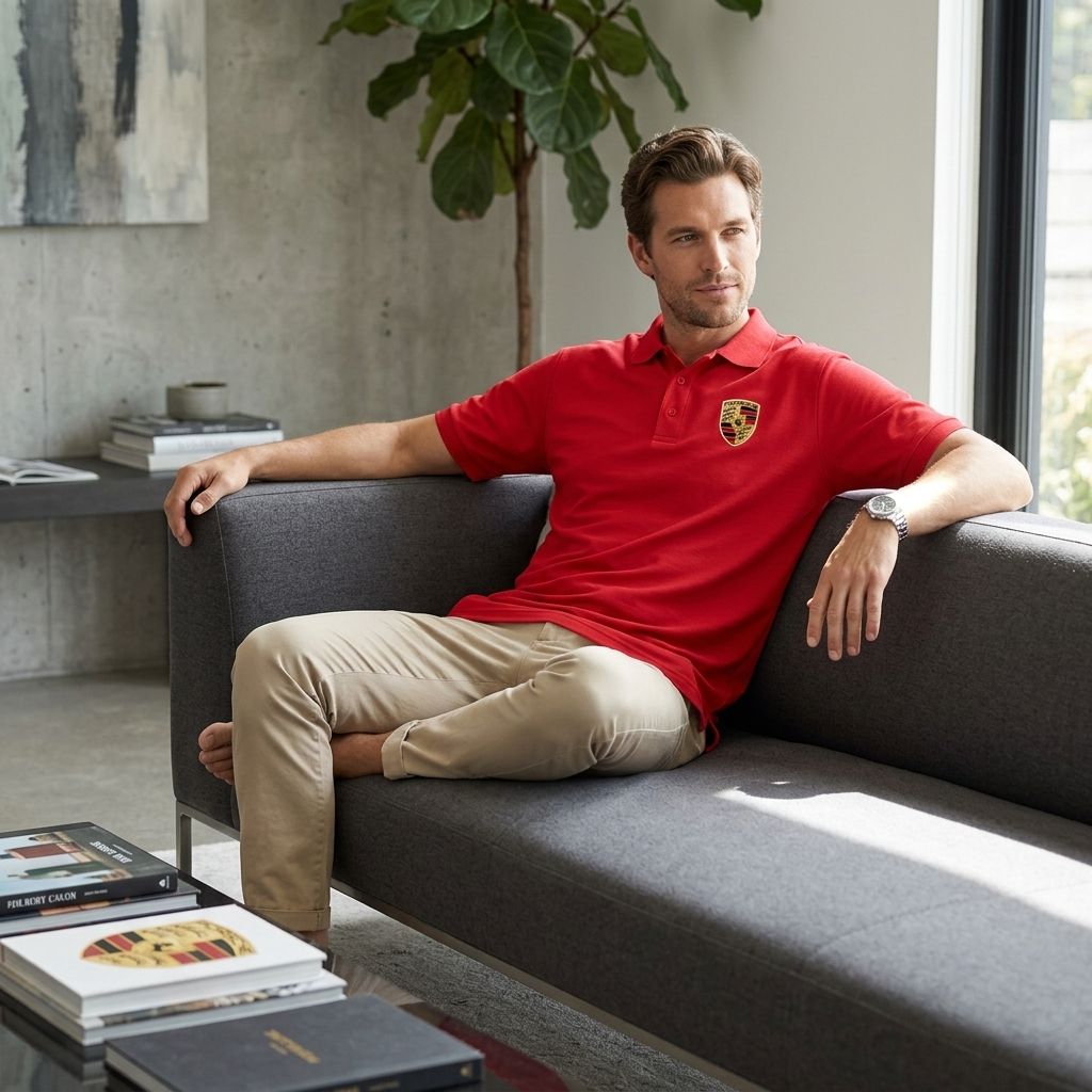 Full-body shot of male model lounging on sofa wearing Porsche Car Dry Blend Polo, showing fabric drape, fit, and breathable quality in natural light.