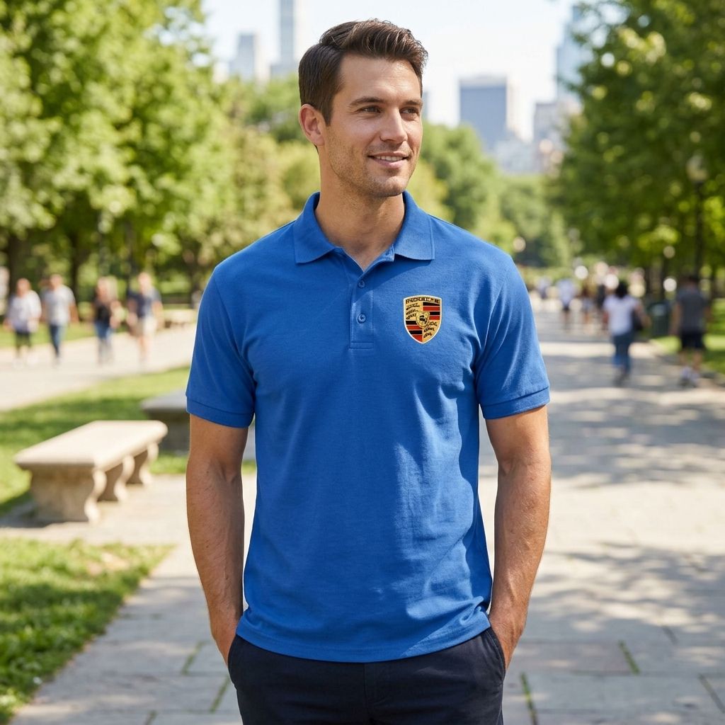 Full-body view of male model wearing men's Porsche Car Dry Blend Polo outdoors, emphasizing classic fit and structured collar.