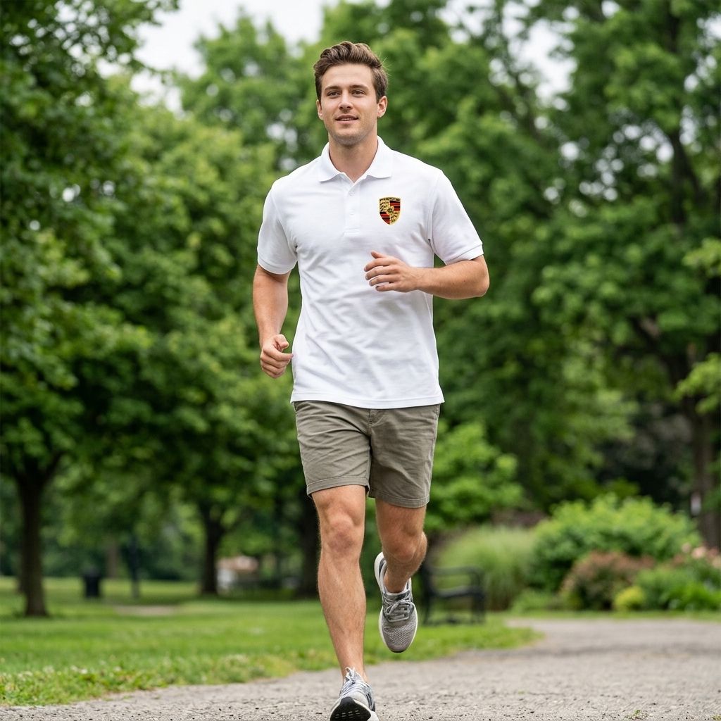Male model running in park wearing white Porsche Car Dry Blend Polo, showcasing relaxed fit, creases, and moisture-wicking properties with green scenery.