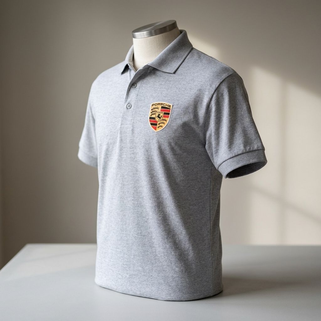Side profile of Porsche Car Dry Blend Polo on a mannequin, focusing on fabric texture, collar, and sleeve details in a studio setting.