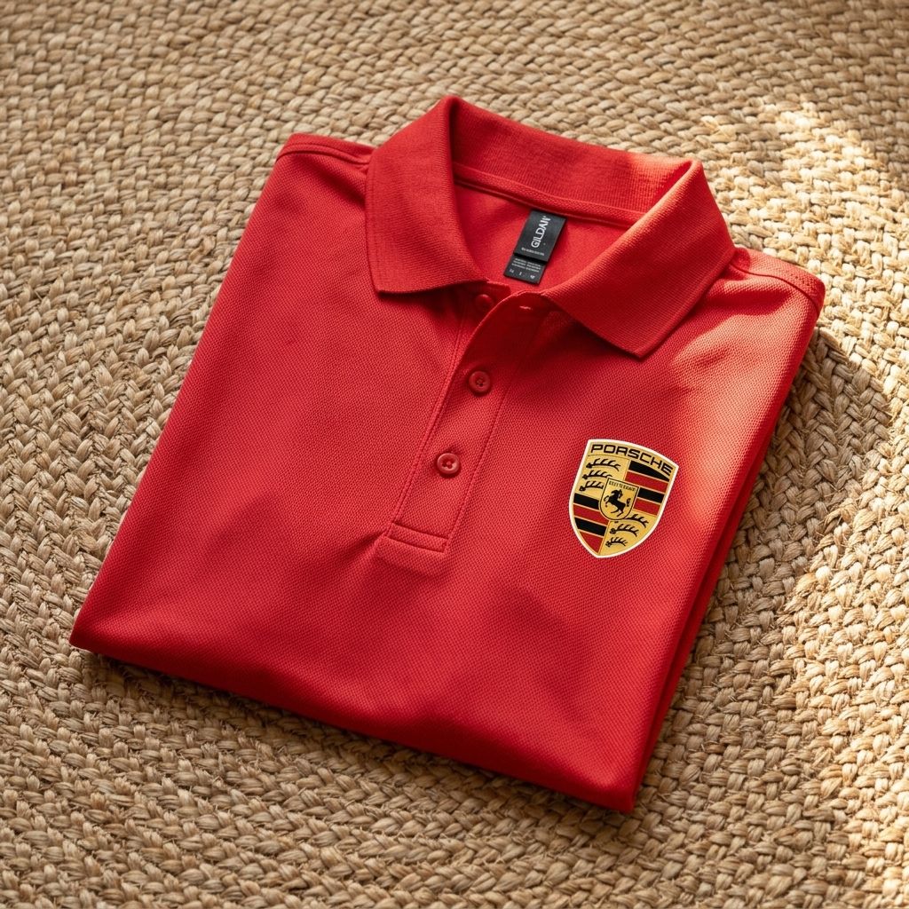 Porsche Car Dry Blend Polo laid flat on textured natural fiber surface, emphasizing fabric sheen, collar, and placket in warm lighting.