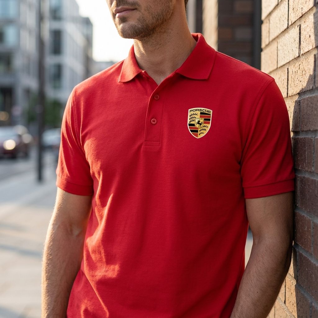 Male model wearing Porsche Car Dry Blend Polo outdoors against a brick wall, emphasizing fit, structure, and moisture-wicking fabric in natural sunlight.