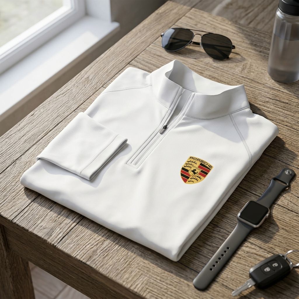 Flat lay of men's quarter-zip athletic shirt on wooden surface with smartwatch and sunglasses, highlighting lightweight design and stitching.