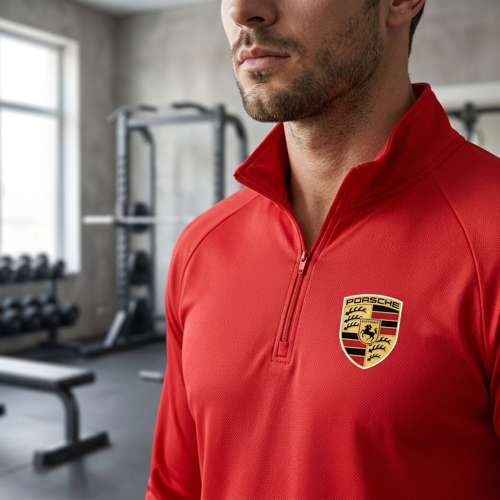 Close-up of men's Porsche lightweight athletic shirt showing fabric texture and quarter-zip detail in a gym environment.
