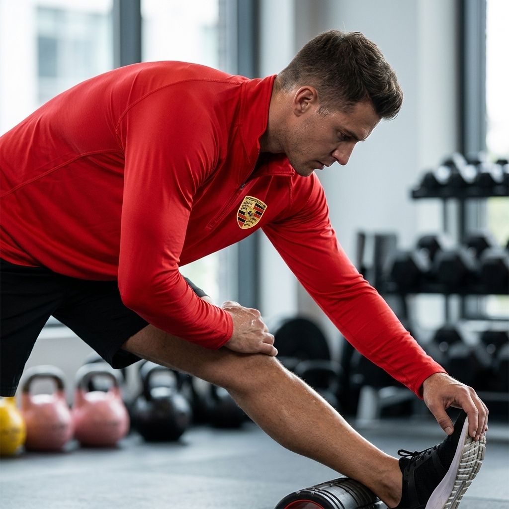 Man stretching in gym wearing Porsche athletic shirt, highlighting the snug fit and fabric stretch ability.