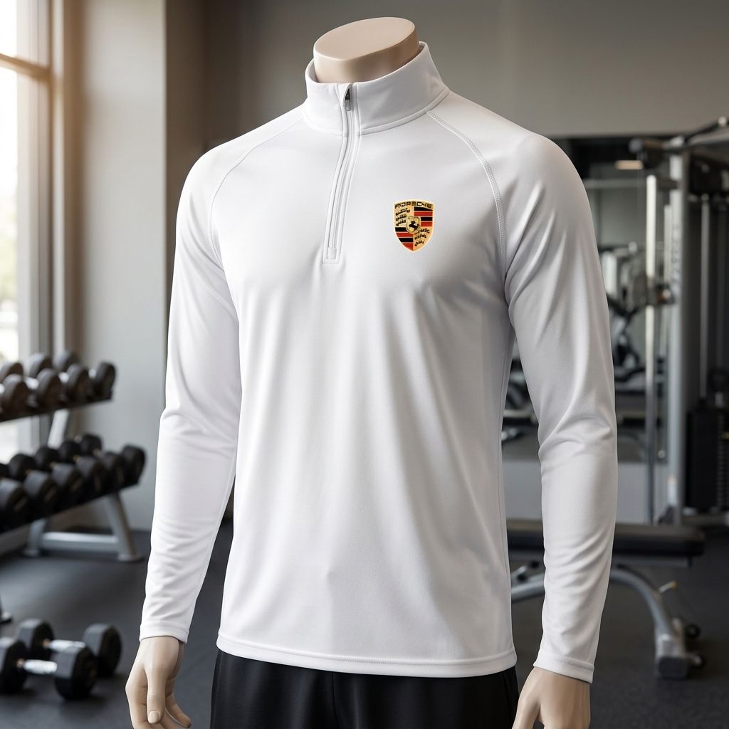 Close-up of men's lightweight quarter-zip athletic shirt on mannequin highlighting breathable fabric and zipper detail in gym setting.
