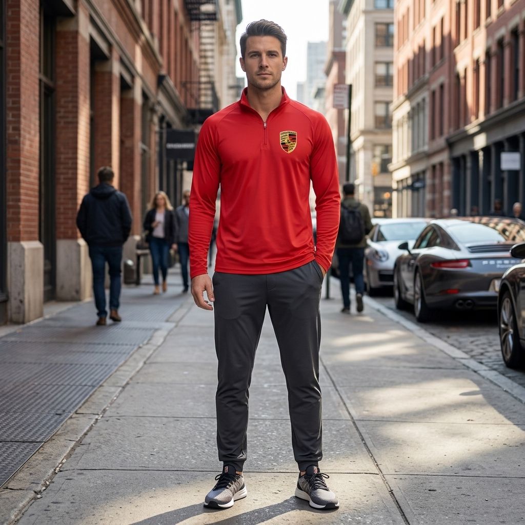 Full-body view of man wearing Porsche athletic shirt on city sidewalk, showcasing the modern fit and stretch fabric.