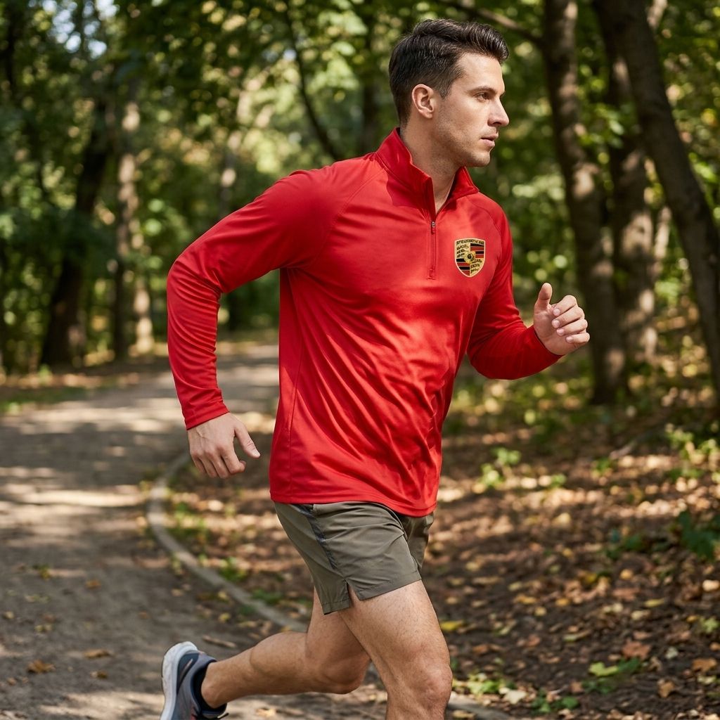 Man running in park wearing Porsche athletic shirt, emphasizing fabric movement and moisture-wicking features.