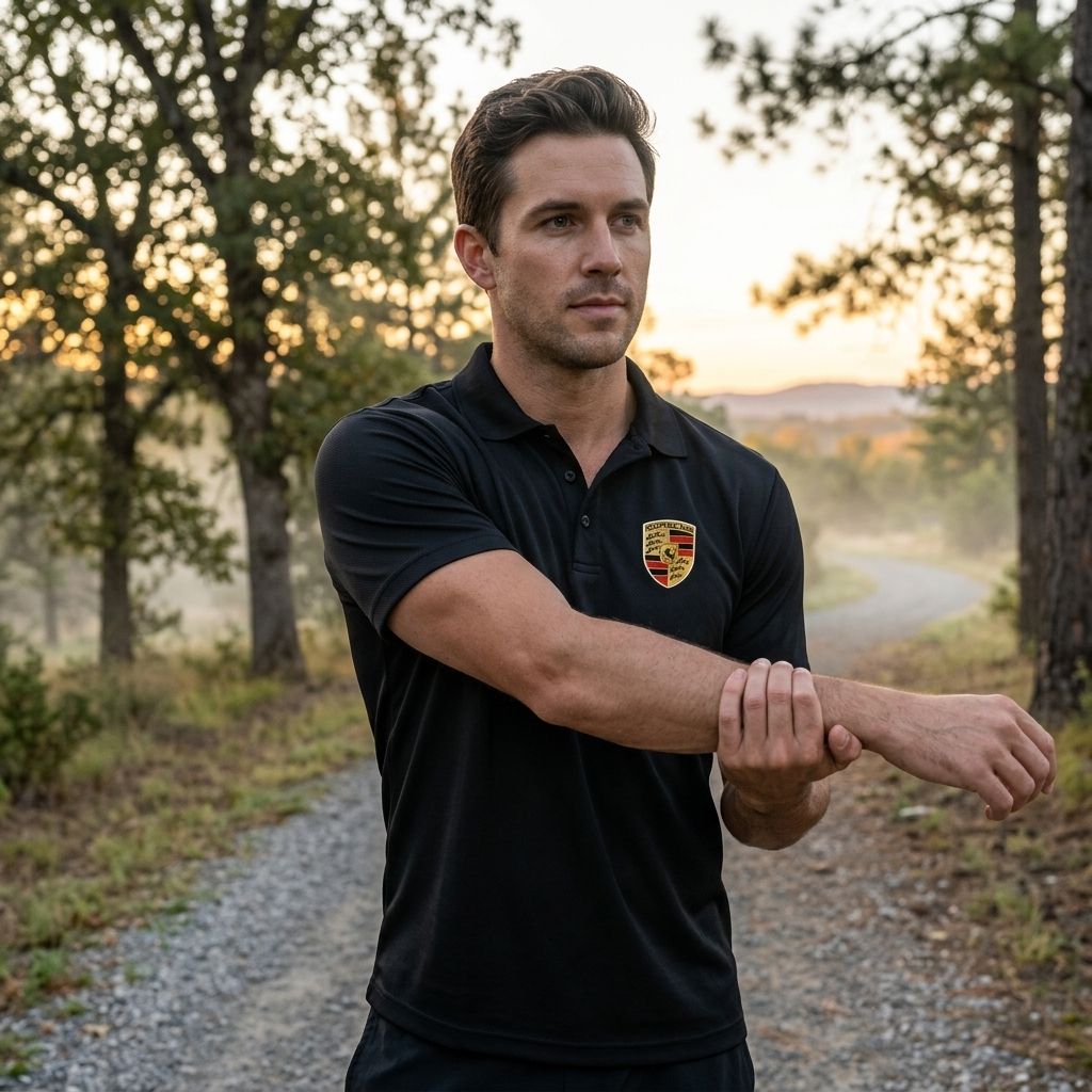 Model stretching in dawn light wearing Porsche polyester polo on jogging trail, demonstrating active lifestyle and quick-dry fabric.