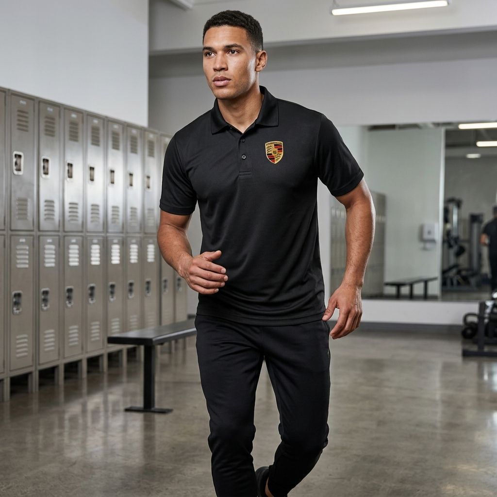 Male model in gym locker room wearing Porsche polyester polo, highlighting breathable fabric and athletic fit during workout.