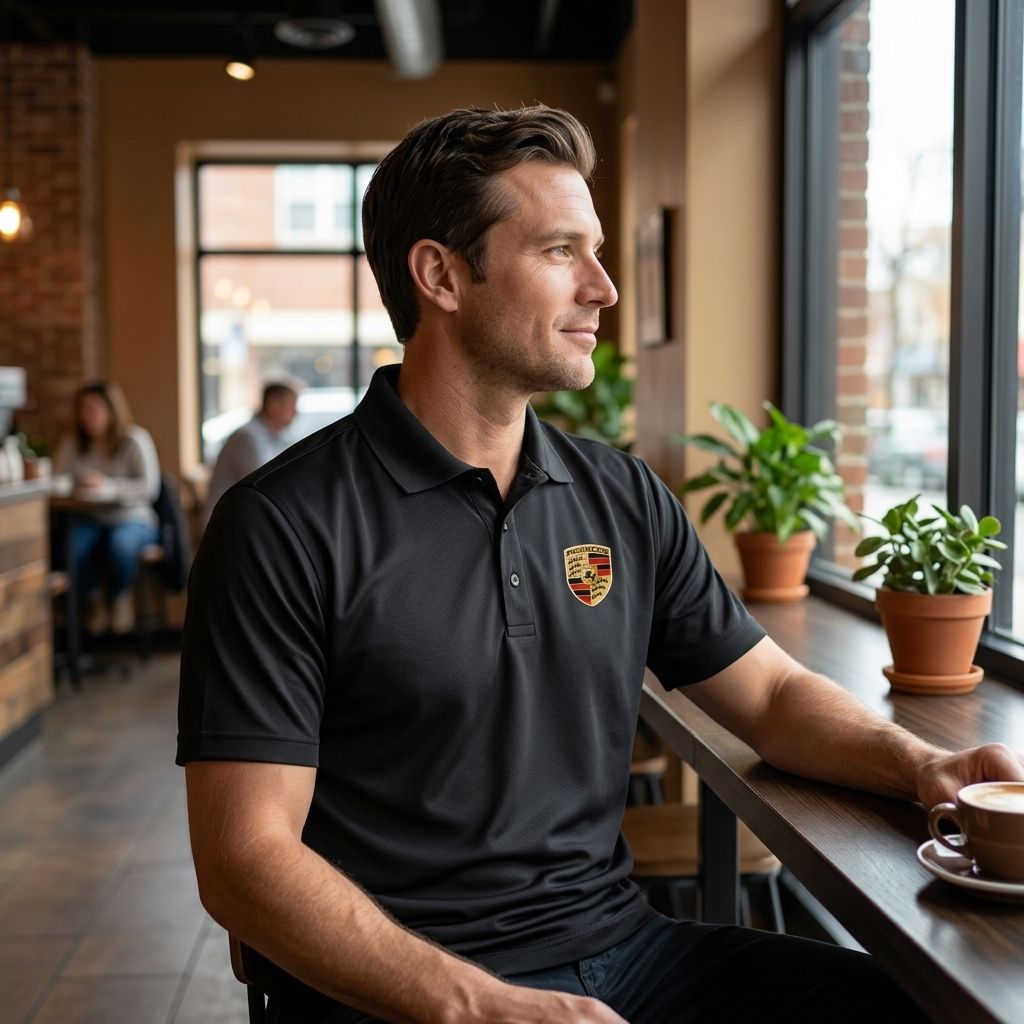 Model relaxing inside a modern cafe wearing Porsche polyester polo, showcasing polished look and fabric details in warm lighting.