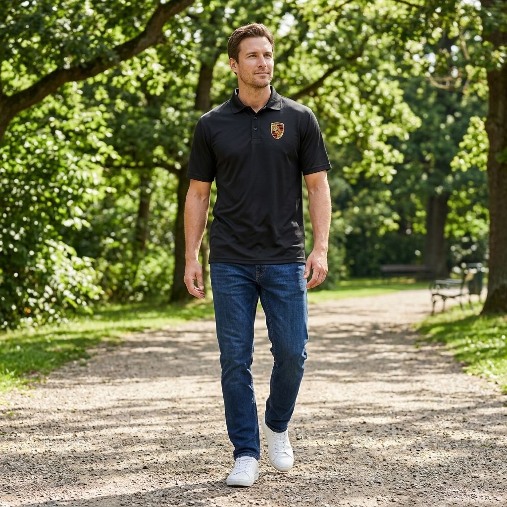 Male model wearing Porsche polyester polo outdoors in a park, styled casually with jeans and sneakers, emphasizing sporty fit.