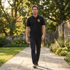 Male model wearing Men’s Porsche Polo in outdoor scene, showcasing classic fit and breathable fabric.
