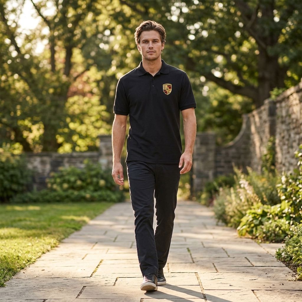 Male model wearing Men’s Porsche Polo in outdoor scene, showcasing classic fit and breathable fabric.