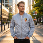 Male model wearing men's Porsche bomber jacket outdoors on a city street during golden hour, showcasing stylish casual silhouette and lightweight material.