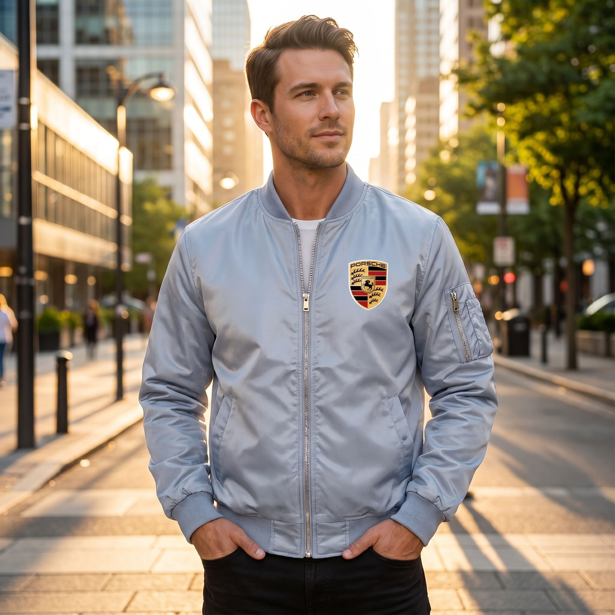 Male model wearing men's Porsche bomber jacket outdoors on a city street during golden hour, showcasing stylish casual silhouette and lightweight material.