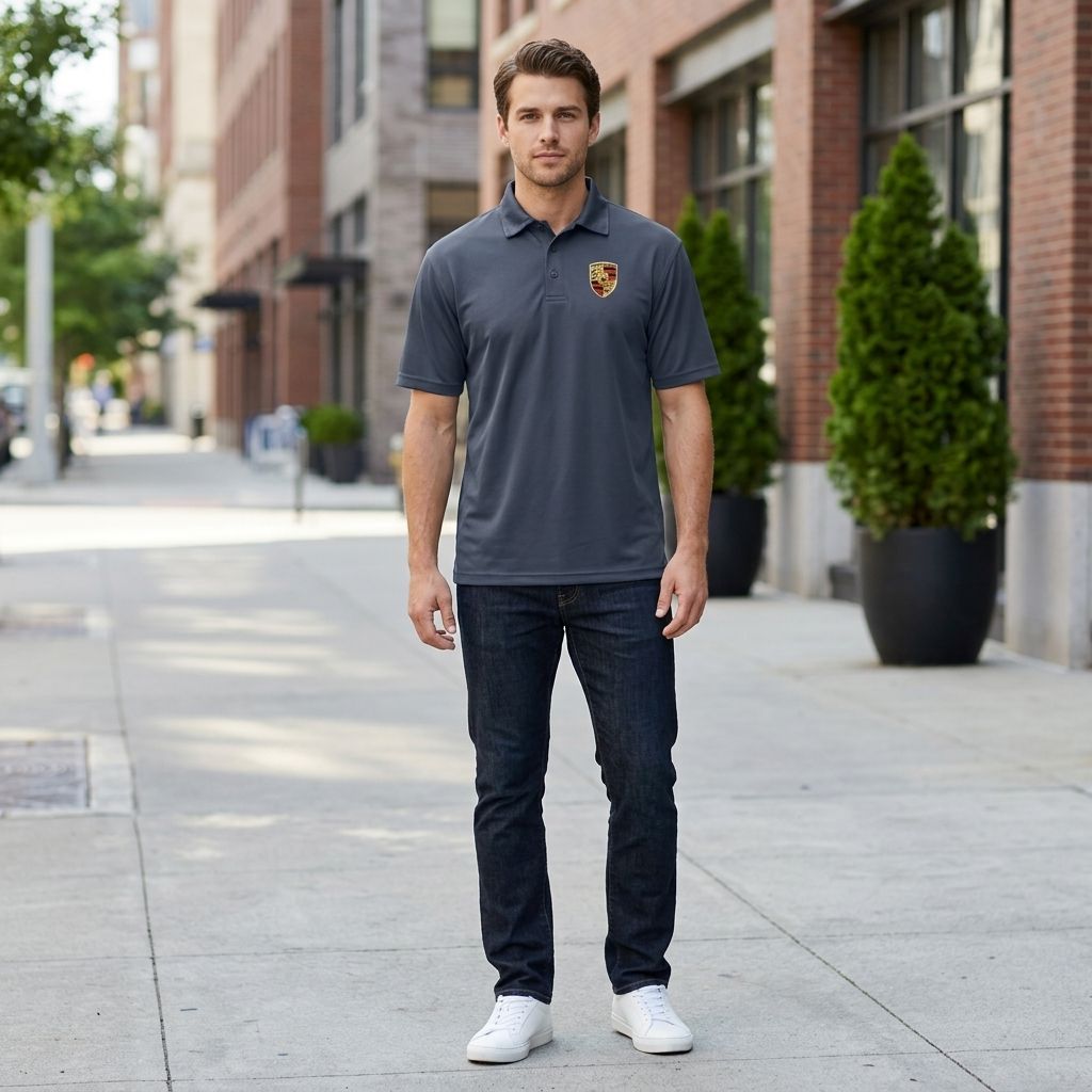 Full-body of male model wearing navy Porsche polyester polo outdoors in an urban setting, showcasing athletic fit and fabric drape.