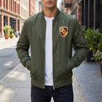 Full-body view of men's softshell varsity jacket on a model outdoors in an urban environment.