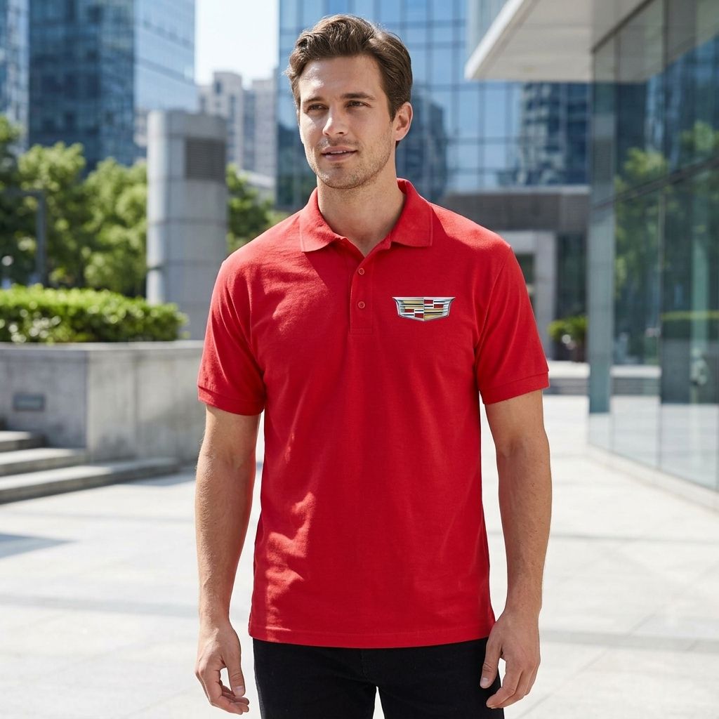 Male model wearing Men's Cadillac Car Dry Blend Polo outdoors in sunlight, showcasing the fit and structured design.