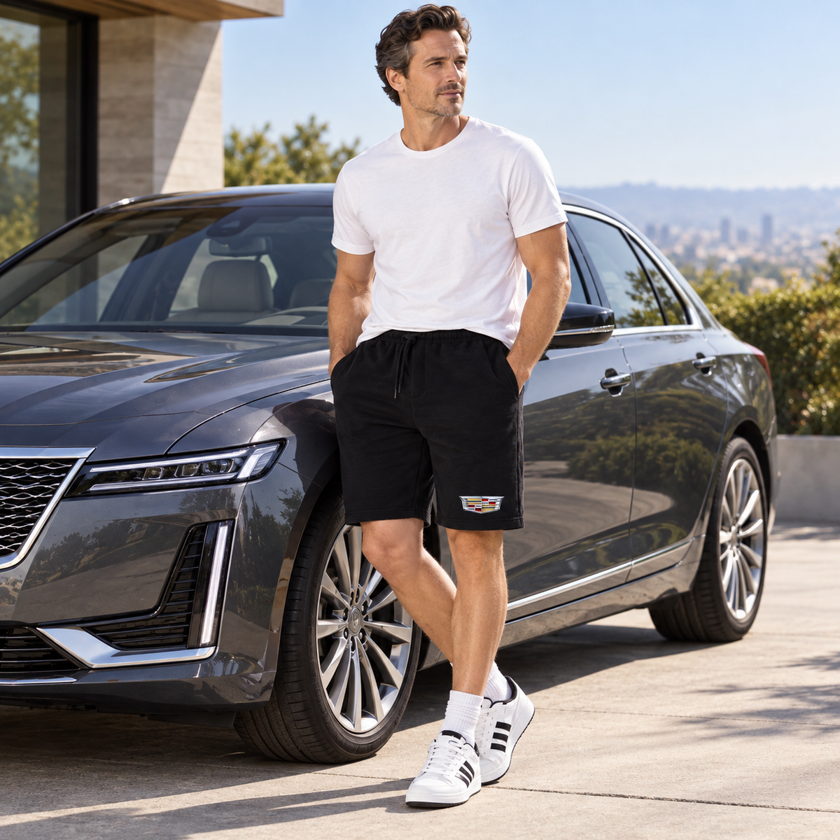 Men’s Cadillac Car Athletic Fleece Shorts | Color: Black | Image 4
