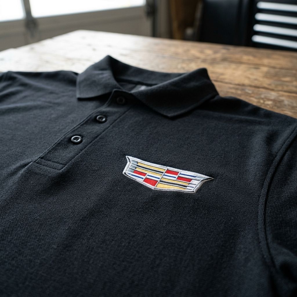 Close-up of Men’s Cadillac Car Dry Blend Polo highlighting textured cotton-polyester knit fabric and collar details.