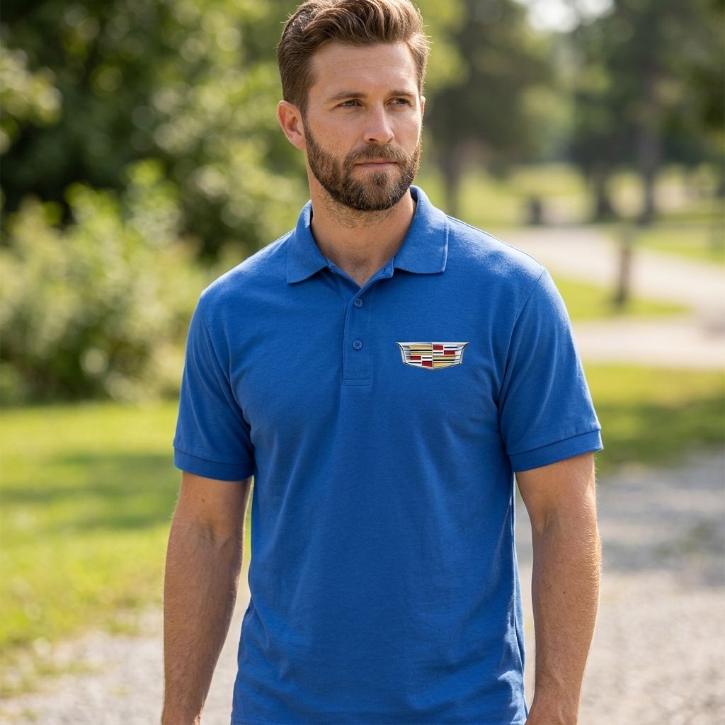 Close-up of men's Cadillac Car Dry Blend Polo shirt showing collar placket and fabric texture on a male model outdoors.