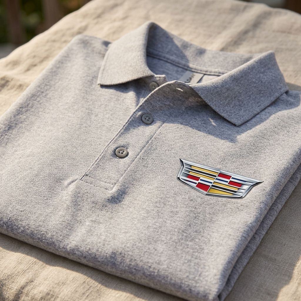 Close-up of men's Cadillac Car Dry Blend Polo fabric showing knit texture and collar details.
