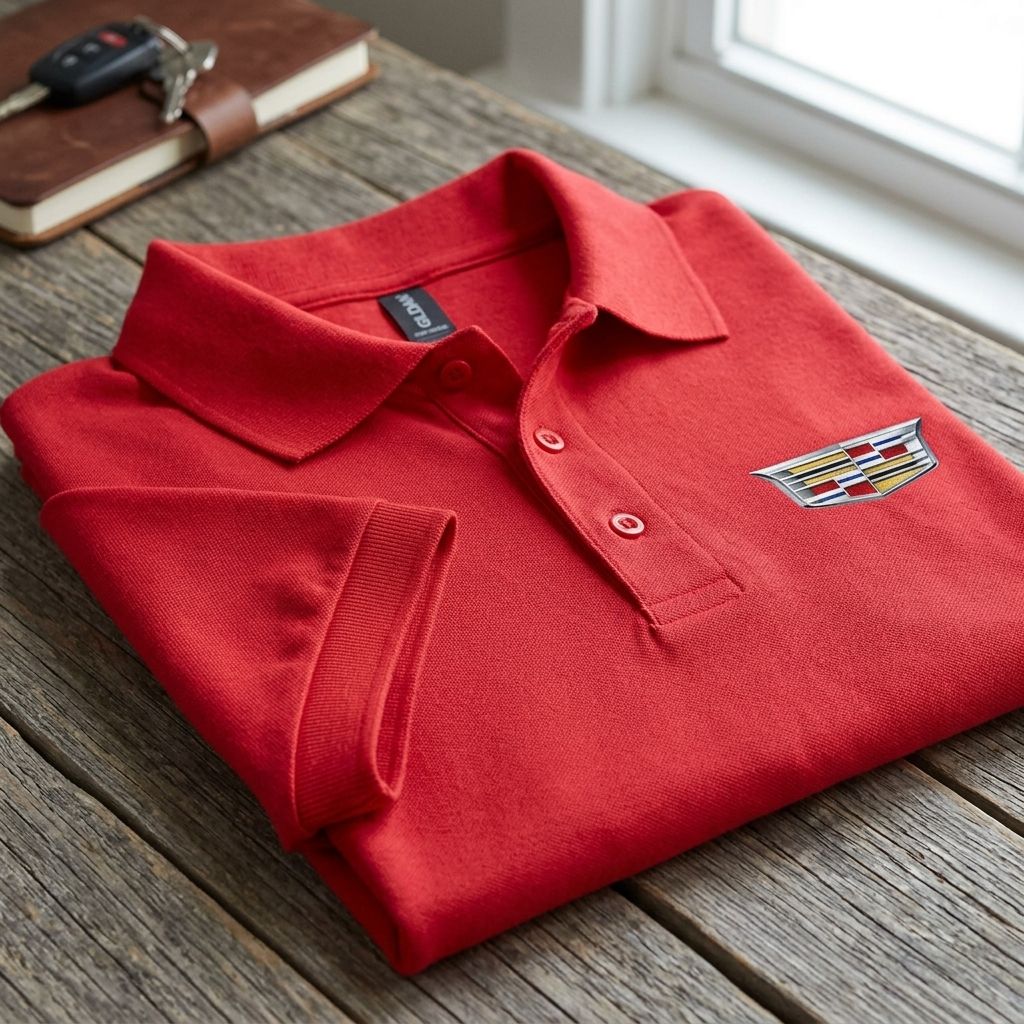 Close-up of Men's Cadillac Car Dry Blend Polo fabric highlighting the smooth knit and collar details.