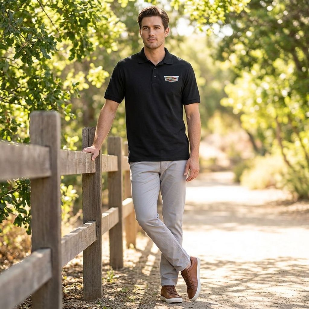 Full-body shot of a male model wearing Men’s Cadillac Car Dry Blend Polo in outdoor setting showcasing fit and relaxed style.