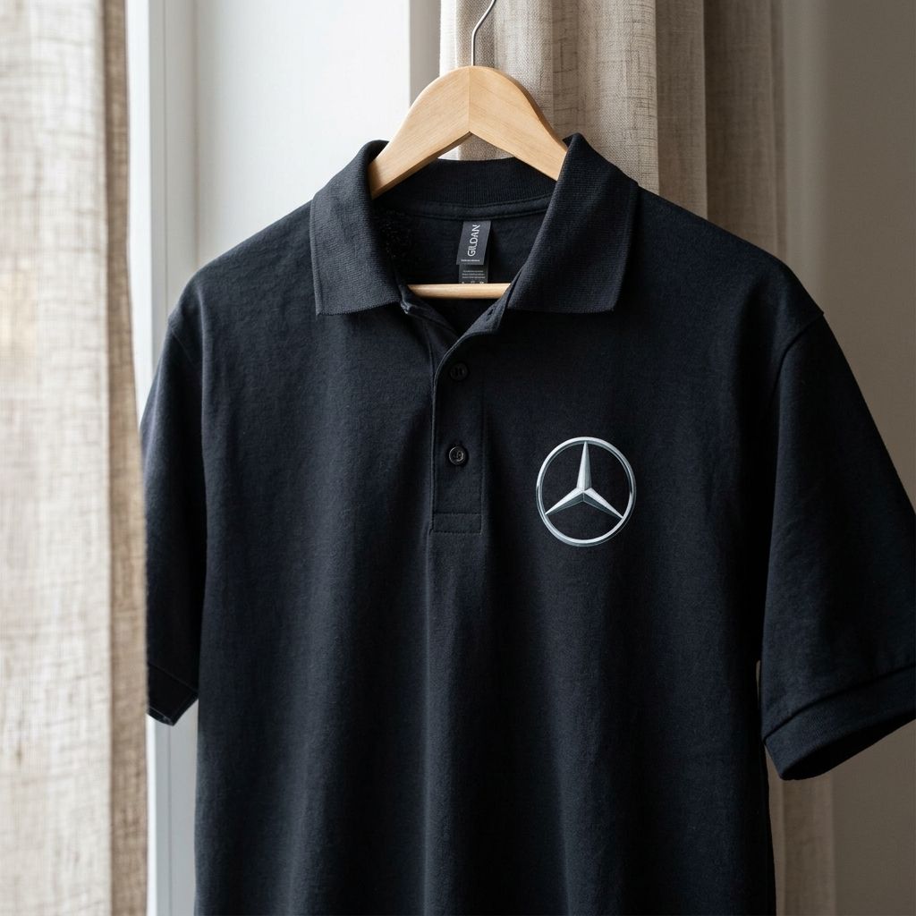 Close-up of men's Mercedes-Benz DryBlend polo hung on a natural wooden hanger, highlighting fabric texture and collar details.