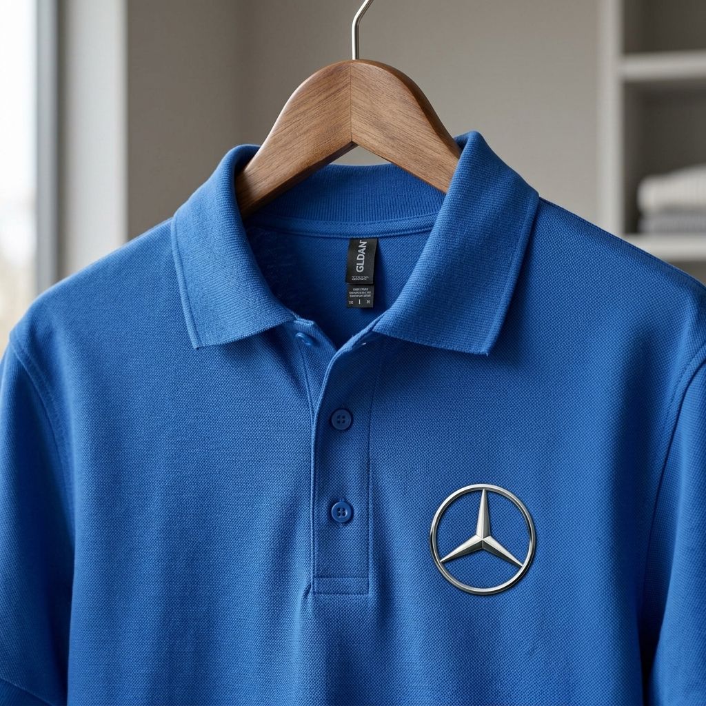 Close-up of Mens Mercedes-Benz Dry Blend Polo displaying textured cotton-polyester knit fabric, collar, cuffs, and dyed-to-match buttons.