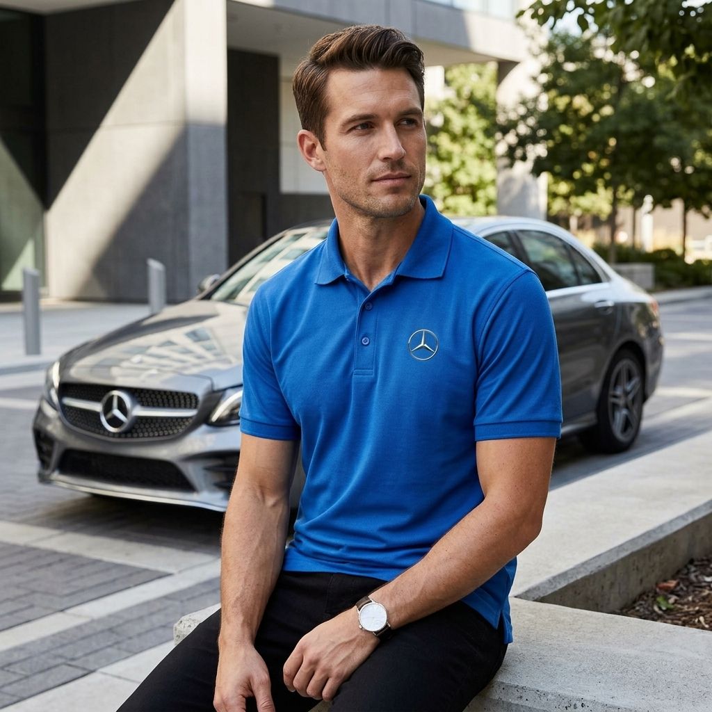Black Mercedes-Benz polo placed on concrete ledge beside a parked car, featuring relaxed fit and moisture-wicking fabric on model seated outdoors.