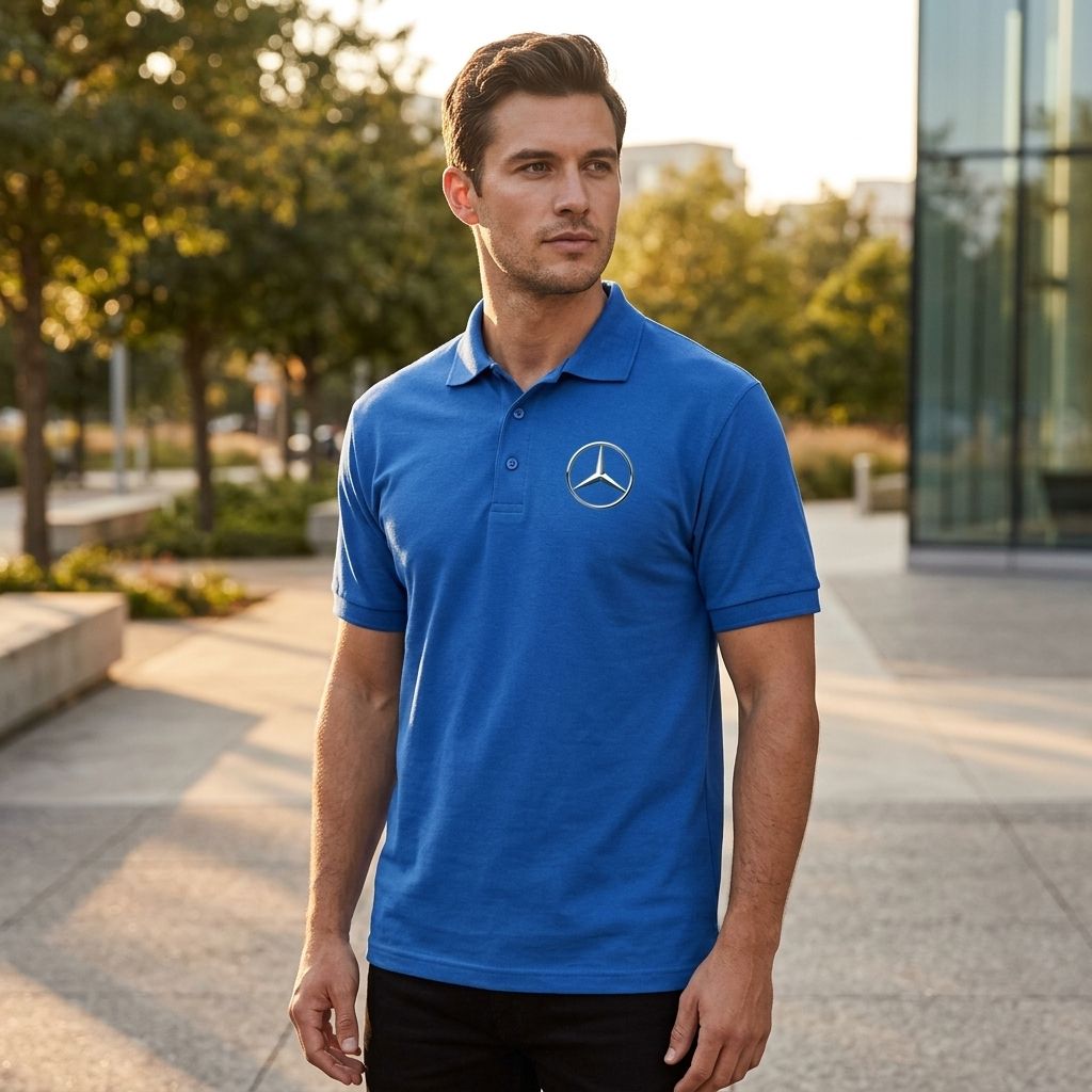 Male model wearing white Mercedes-Benz polo in city outdoor setting during golden hour, showcasing classic fit and structured collar.