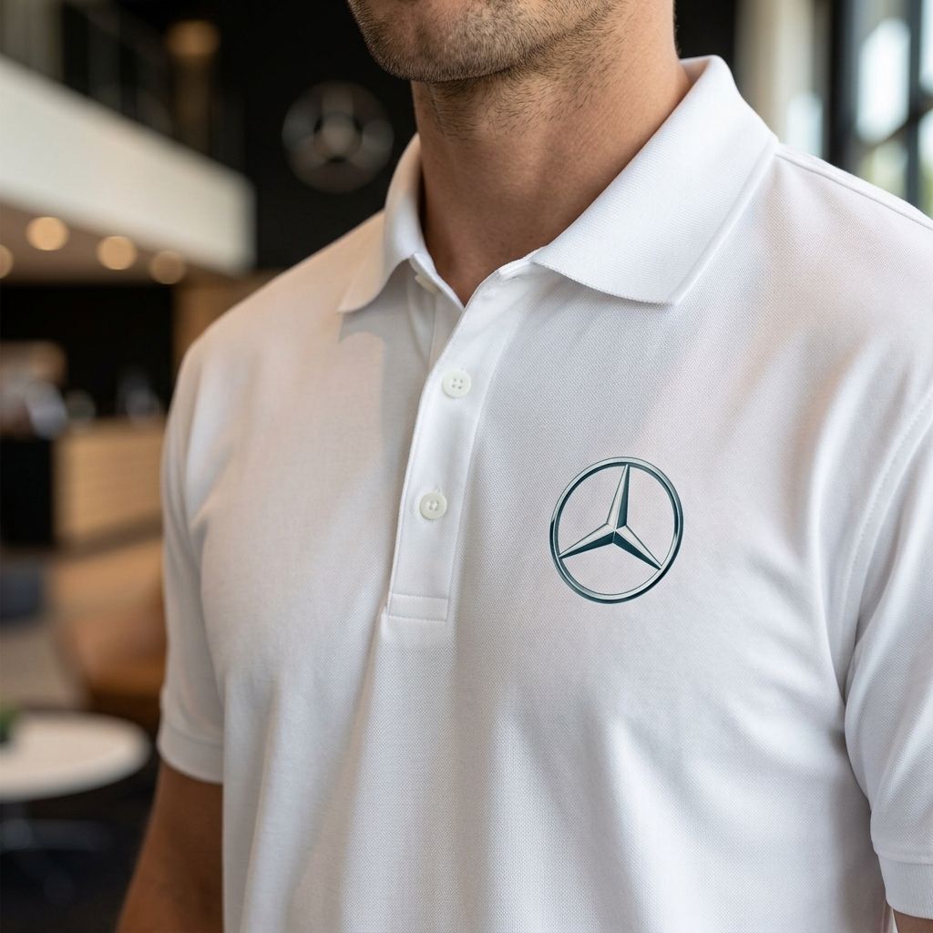 Close-up of men's Mercedes-Benz dry blend polo highlighting collar, buttons, and fabric texture in natural indoor light.