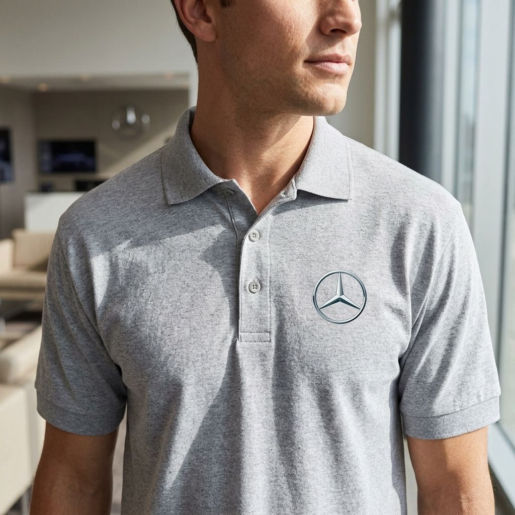 Close-up of men's Mercedes-Benz dry blend polo highlighting the structured collar, dyed-to-match buttons, and textured cotton-polyester fabric.