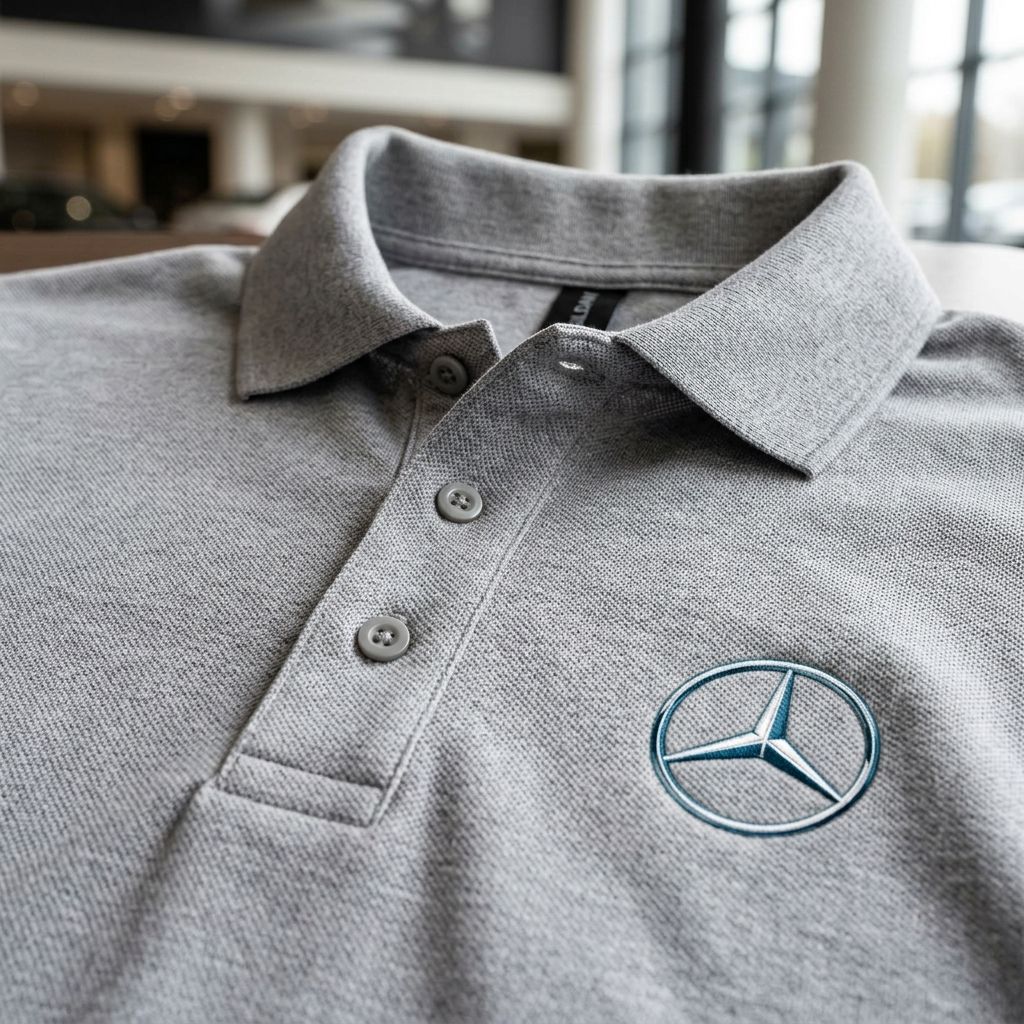 Macro shot of the fabric detail of men's Mercedes-Benz dry blend polo, highlighting weave, moisture-wicking texture, and collar finish.