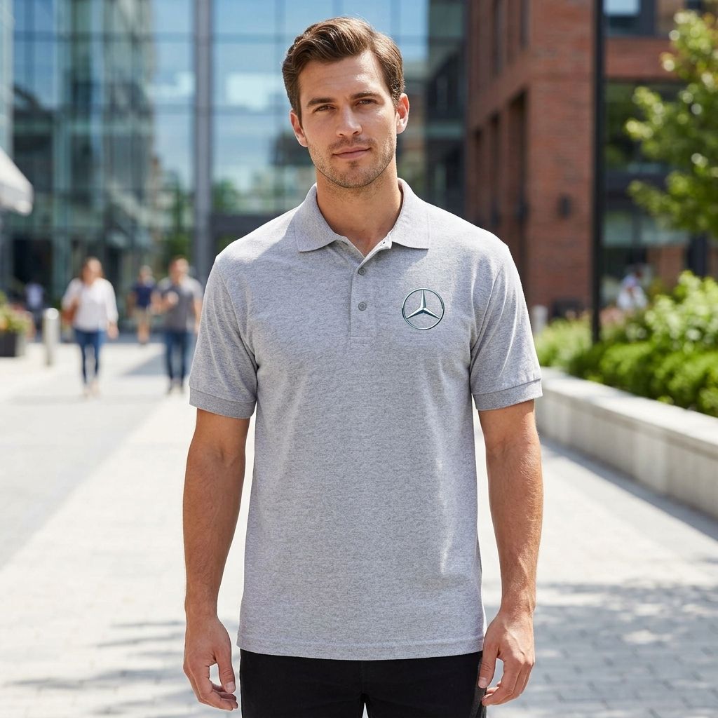 Front view of men's Mercedes-Benz dry blend polo worn outdoors showcasing the fit, ribbed collar, and subtle fabric textures under natural light.