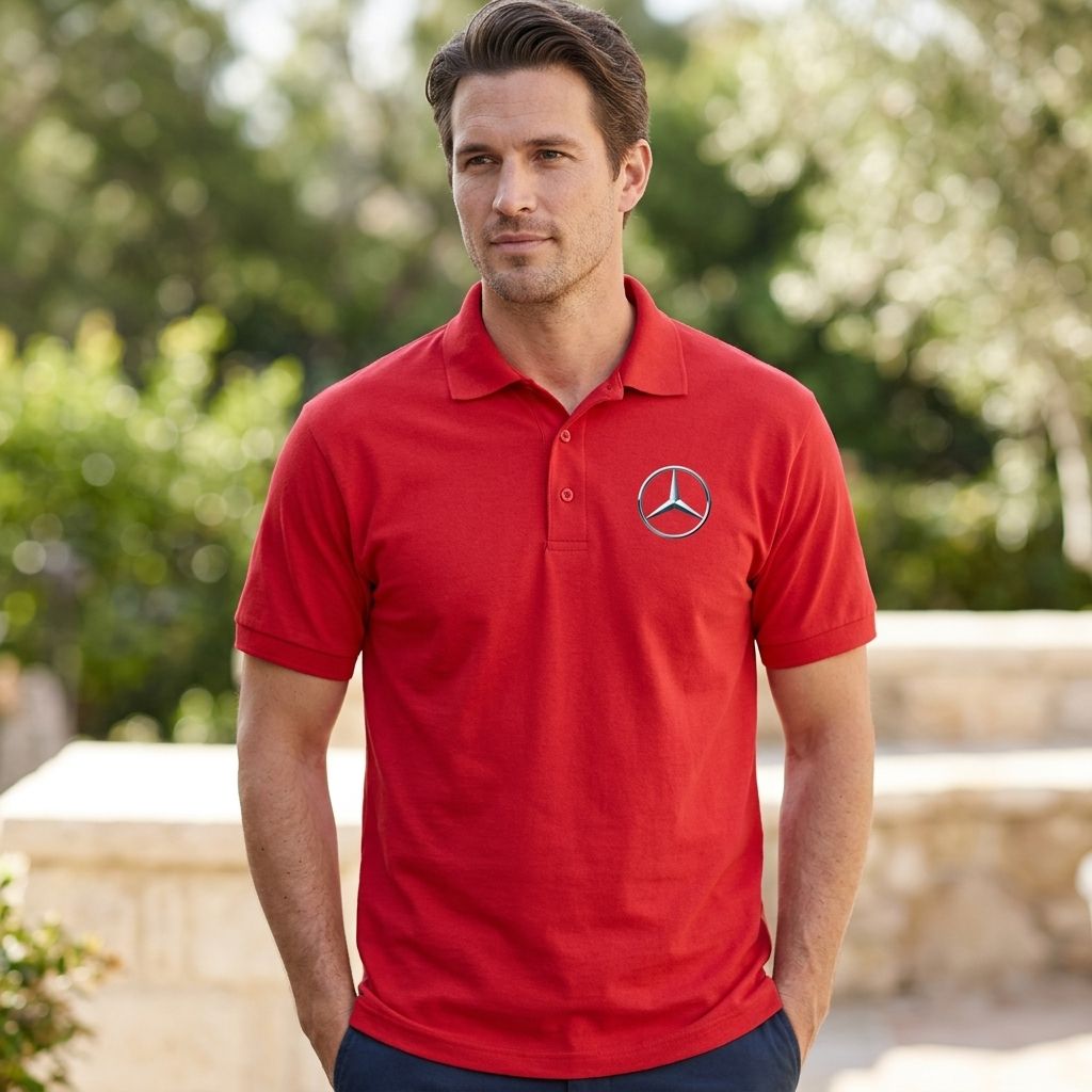 Men's Mercedes-Benz Dry Blend Polo shirt on a male model outdoors, showcasing collar, buttons, and relaxed fit.