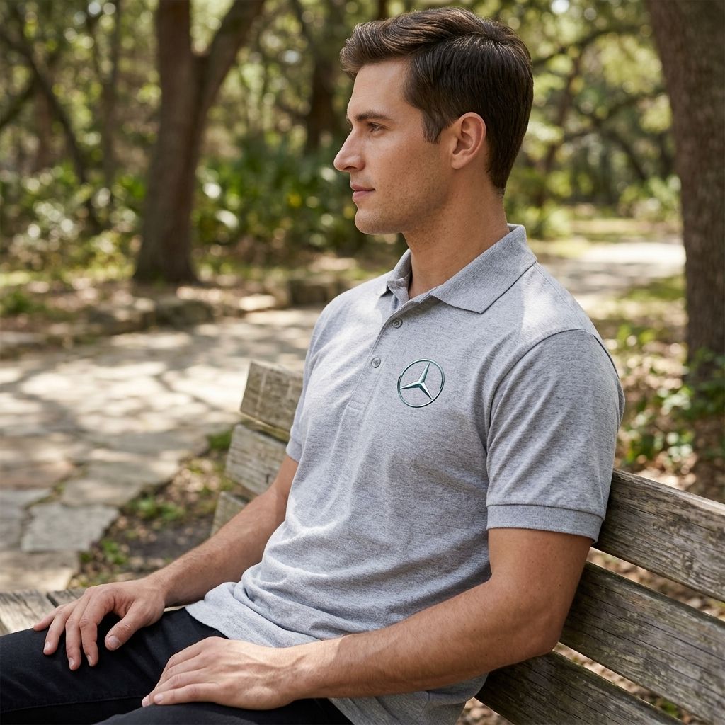 Side profile of men's Mercedes-Benz polo on a seated model in a natural outdoor setting, emphasizing fabric sheen and stitching details.