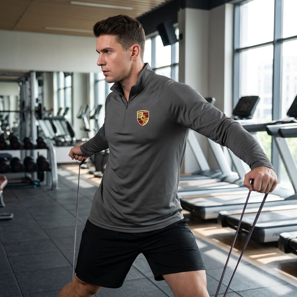 Male athlete wearing Porsche athletic shirt during gym warm-up, demonstrating fit and flexibility in workout environment.