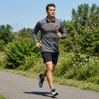 Male model wearing Porsche athletic shirt on running trail, showcasing athletic fit and stretch fabric in outdoor setting.