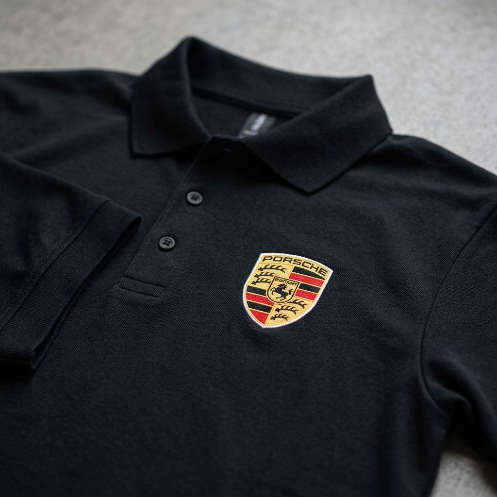Close-up of Men’s Porsche Car Dry Blend Polo highlighting collar and placket details with texture.